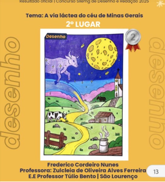 Aluno da EE Professor Túlio Bento recebe prêmio do Concurso SILEMG de Desenho e Redação 2025